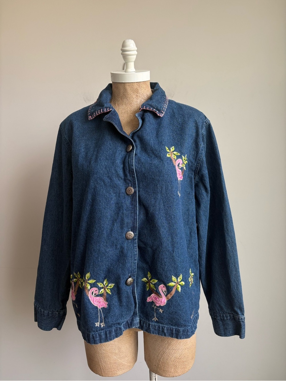 Sara Studio Flamingo Embroidered Denim Jacket Beaded Tropical Shirt Jacket Large - Picture 5 of 11